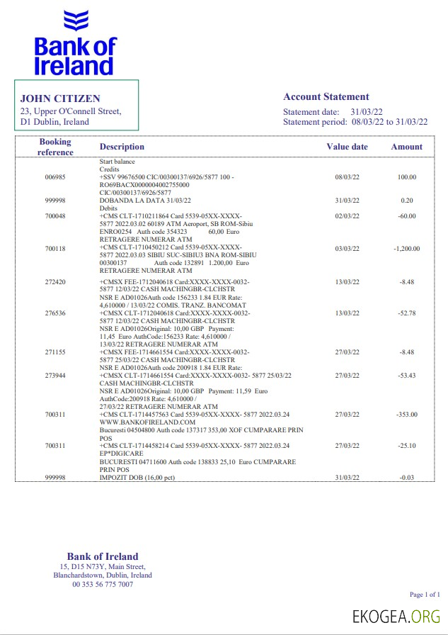 Irlande Déclaration de la Bank of Ireland